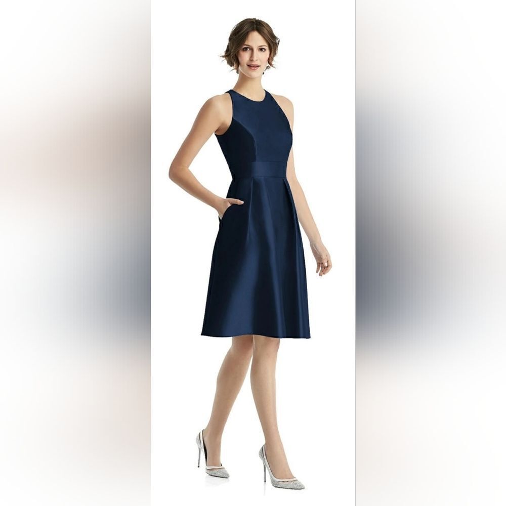 Alfred Sung High-Neck Satin Cocktail Dress With Pockets D769 NWT sz 18 Navy Blue